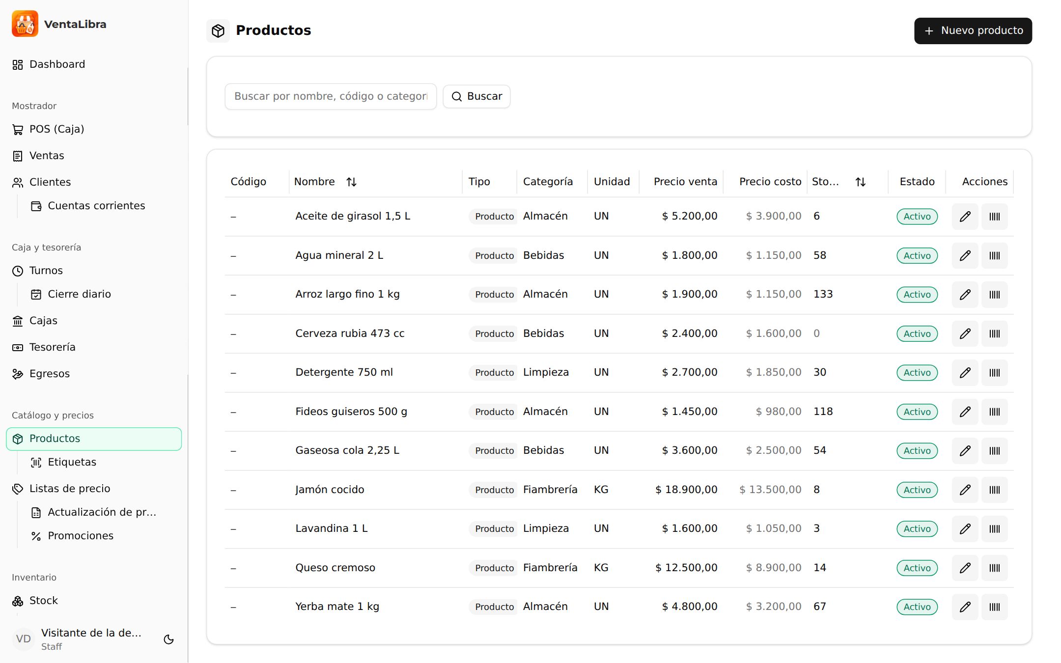 Pantalla de Productos de VentaLibra: listado con código, nombre, categoría, unidad, precio de venta, precio de costo, stock y estado de cada producto